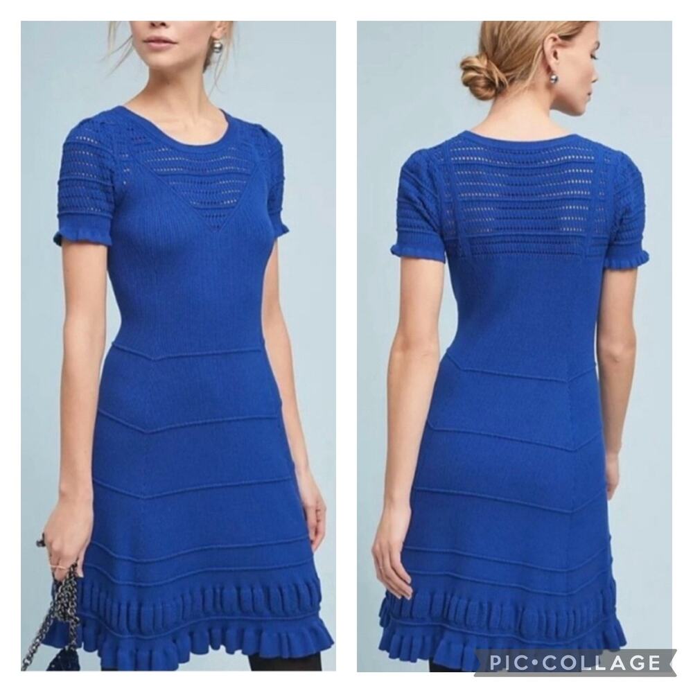 Anthropologie Maeve Cobalt Blue Knit Flare Dress Size Large